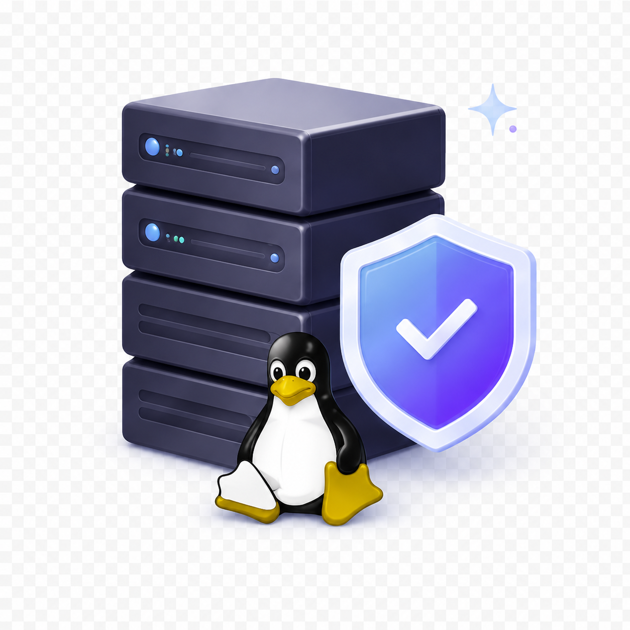 Server-Stack mit Linux-Pinguin und Sicherheitsschild — Symbolbild für Self-Hosting und Privacy